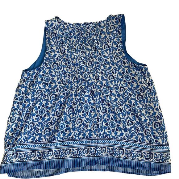 Vineyard Vines Sz L Katama Tile Blue Scarf Pintuck Top Blouse Coastal Boho - Picture 12 of 16